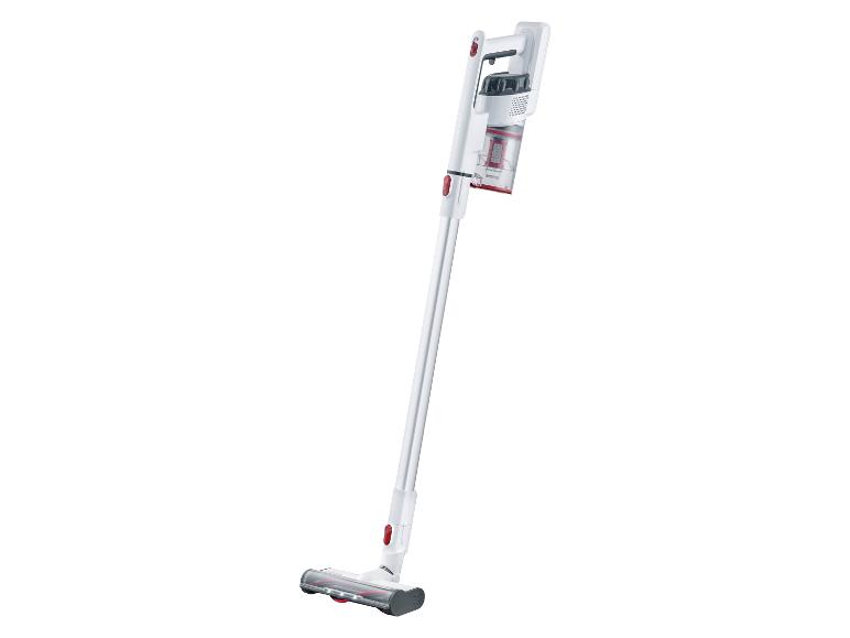 Un aspirateur sans fil avec une batterie rechargeable et une tête de brosse.