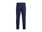 Pantalon de survêtement bleu marine avec des rayures blanches, rouges et bleues sur les côtés.