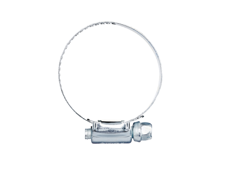 Collier de serrage métallique avec mécanisme à vis sur fond noir.
