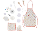 Ensemble de cuisine pour enfants avec tablier, manique, gant de four et divers ustensiles de cuisine.