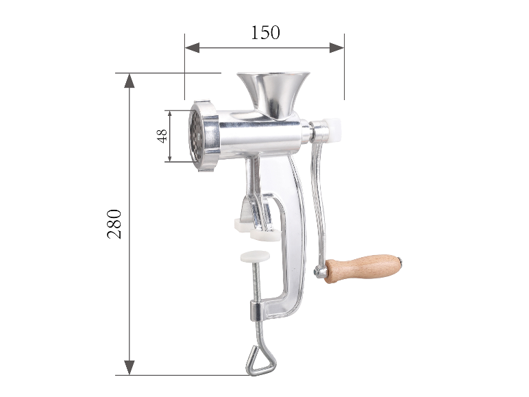 Hachoir à viande manuel avec dimensions 280x150 mm et diamètre de sortie de 48 mm.