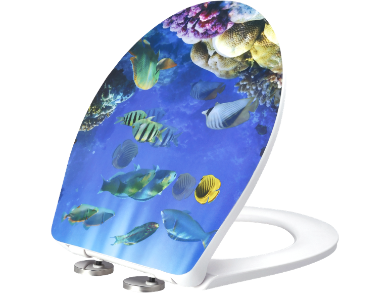 Abattant de toilettes avec motif aquarium, coraux et poissons colorés.
