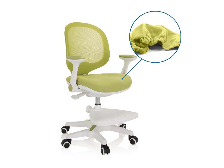 Chaise de bureau verte avec dossier en maille et accoudoirs, avec un agrandissement du tissu.
