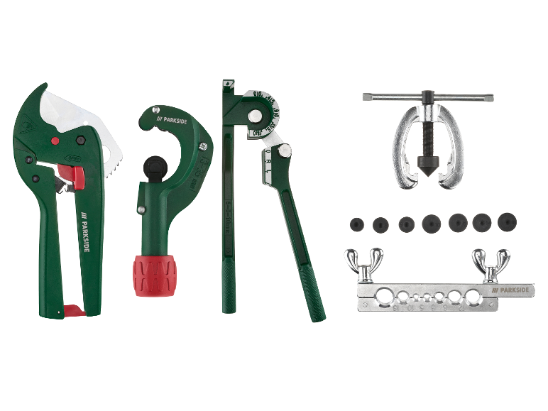 Ensemble d'outils Parkside pour tubes : coupe-tubes, cintreuse et presse.
