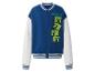 Blouson bomber bleu et gris avec imprimé de personnages de jeux vidéo et texte.