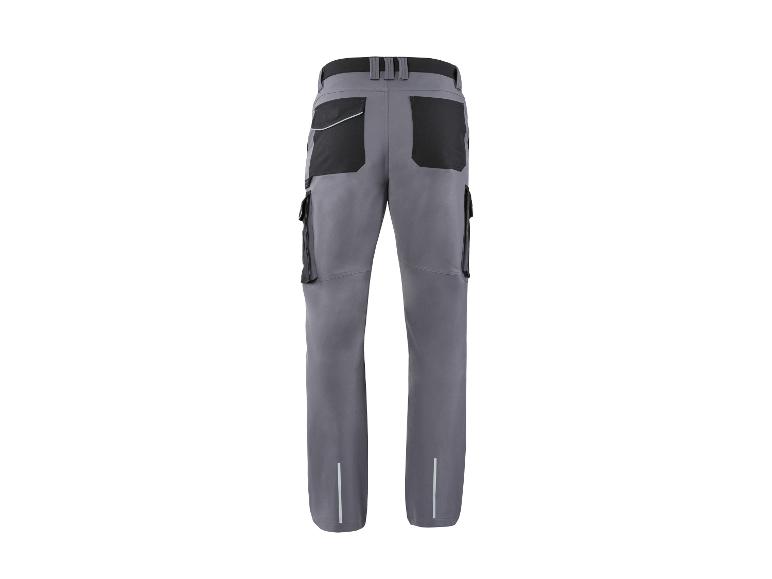 Pantalon de travail gris pour homme avec poches noires et détails réfléchissants, vue arrière.