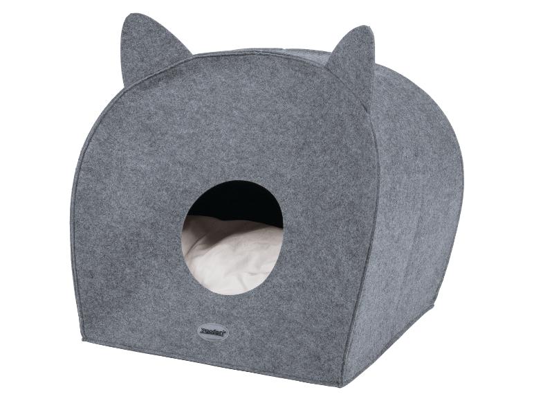 Niche pour chat en feutre gris avec oreilles de chat et coussin blanc à l'intérieur