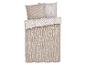 Housse de couette beige et blanche avec taies d'oreiller à motif géométrique.