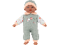 Poupée bébé habillée d'un pyjama vert et d'un bonnet assorti.