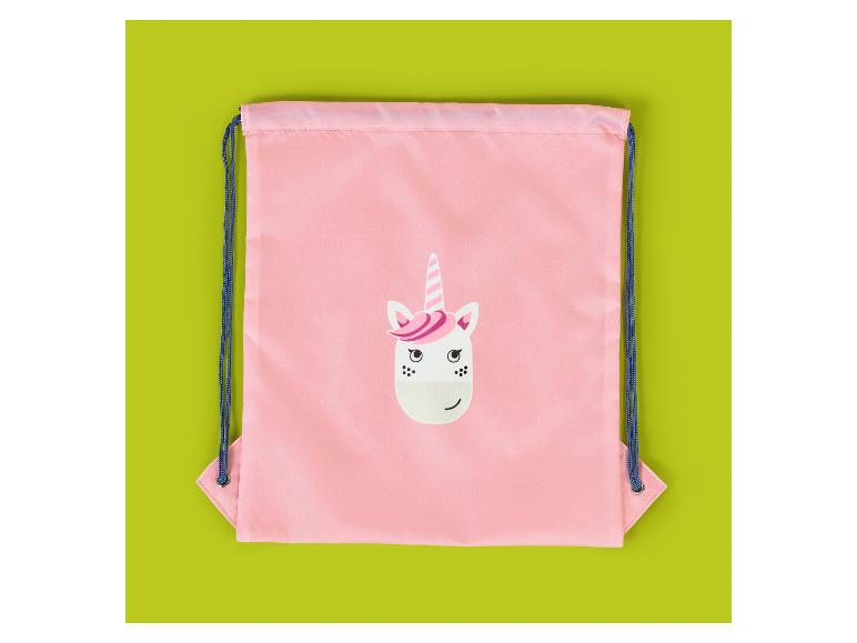 Sac à cordon rose avec un dessin de visage de licorne avec corne et crinière.