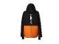 Veste noire et orange à capuche, avec texte blanc vertical au dos.