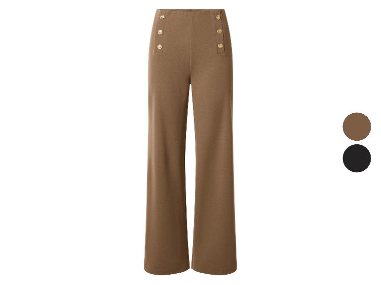 Pantalon marron à jambes larges avec boutons dorés décoratifs à la taille, avec échantillons de couleur.