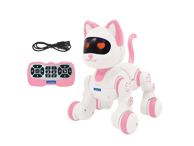 Chat robot blanc et rose avec télécommande et câble de chargement.
