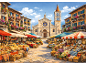 Un marché en plein air animé sur une place italienne, proposant des produits frais, du fromage et des fleurs.