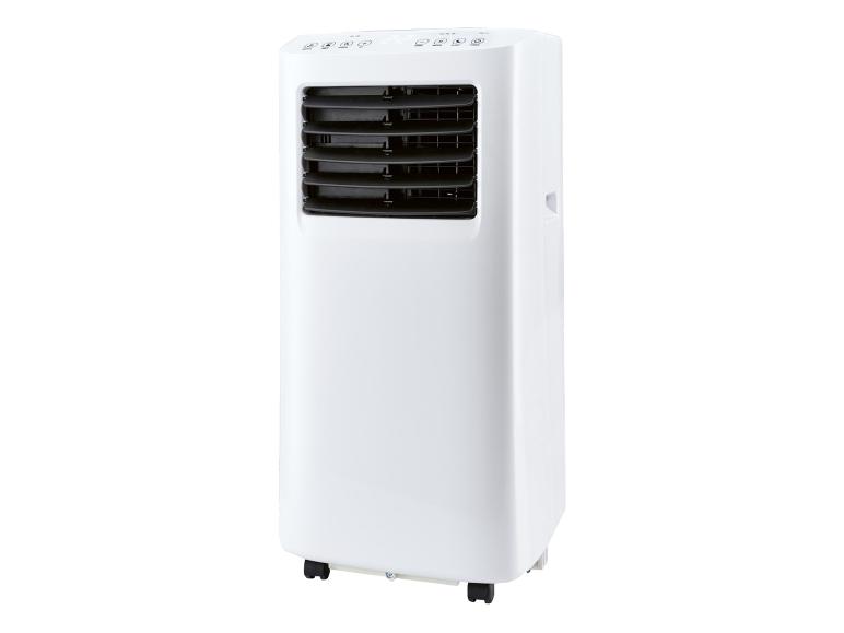 Climatiseur portable blanc avec persiennes noires et panneau de commande
