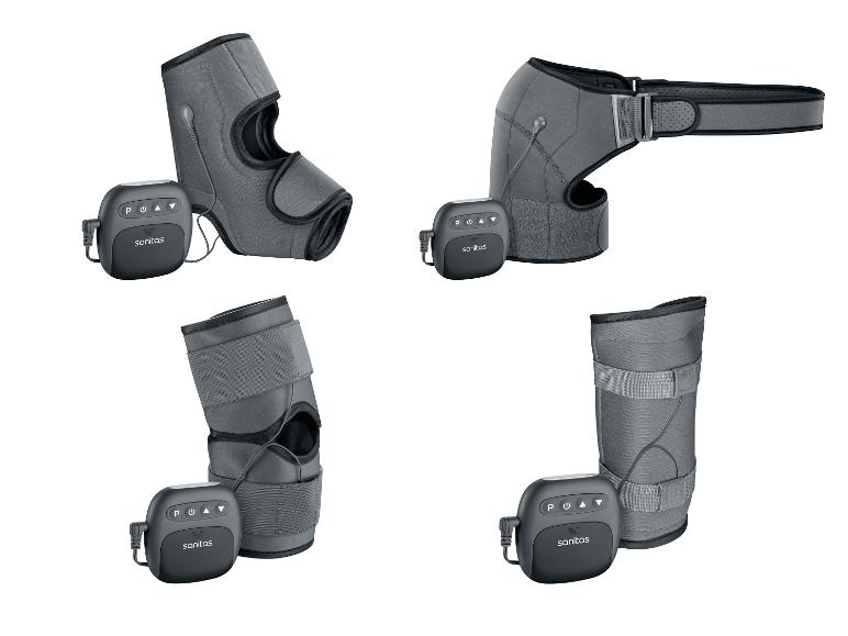 Quatre appareils de thérapie par électrostimulation pour différentes parties du corps, avec des manchons gris.