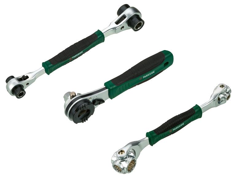 Trois clés à cliquet Parkside avec des poignées vertes et noires.