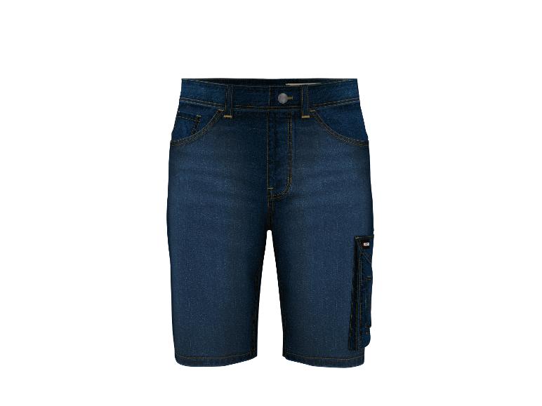 Shorts en jean bleu foncé avec poches latérales et surpiqûres contrastées.
