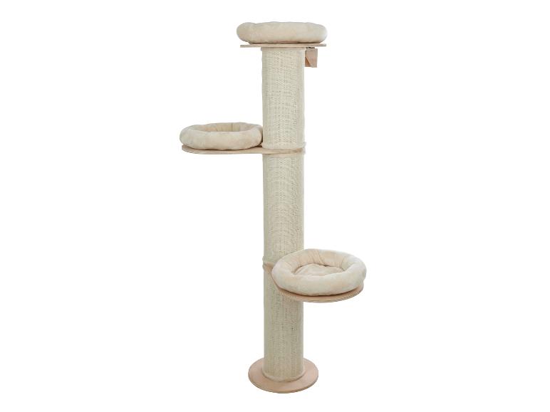 Arbre à chat beige avec trois plateformes et lits douillets.
