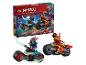 Ensemble LEGO Ninjago avec deux motos et figurines, incluant Kai et un éclaireur draconien.