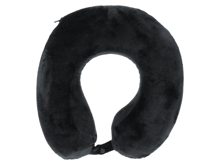 Oreiller de voyage noir en forme de U avec fermeture à bouton.