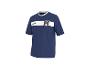 Maillot de football bleu marine à manches courtes avec une bande blanche et un écusson avec un joueur et le numéro 9.