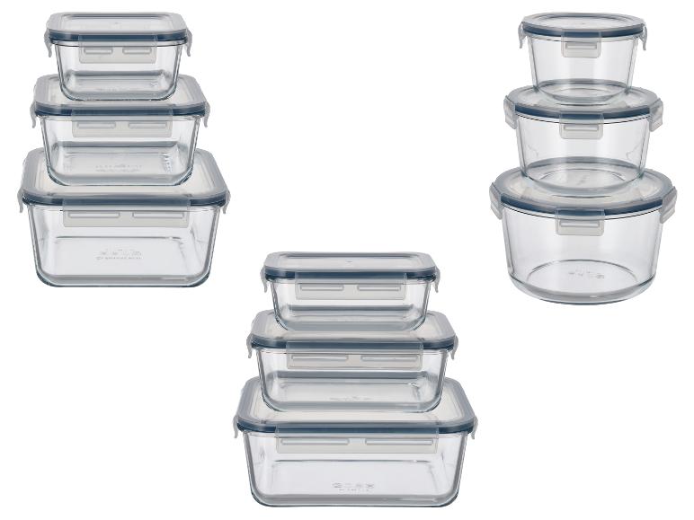 Ensemble de récipients de conservation en verre avec couvercles gris, formes carrées et rondes.