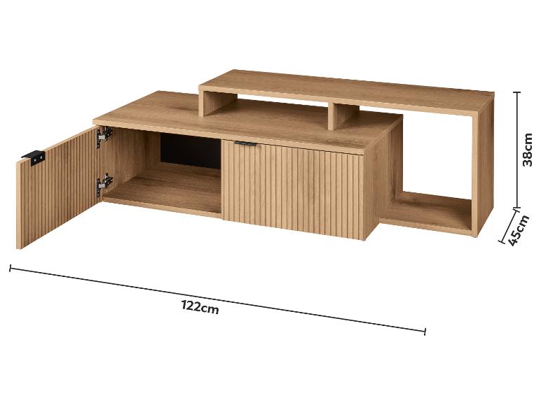 Meuble TV en bois avec porte et étagère, dimensions 122x45x38cm.