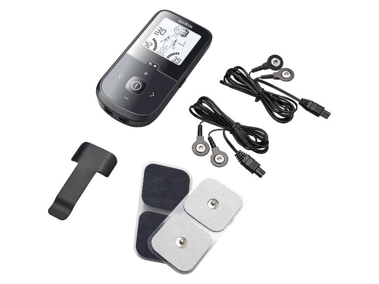 Appareil Sanitas TENS/EMS avec électrodes et câbles pour le soulagement de la douleur et la stimulation musculaire.