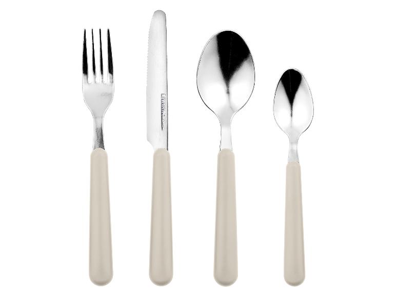 Couvert Livarno Living : fourchette, couteau, cuillère et petite cuillère beige.