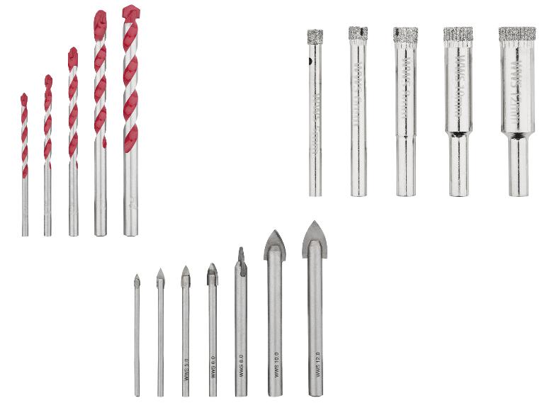 Ensembles de forets pour divers matériaux, y compris les forets hélicoïdaux, les forets diamantés et les forets à verre.