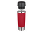 Une gourde rouge avec le texte 'Fresh Brewed Coffee'