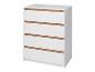Une commode blanche avec quatre tiroirs et des accents en bois.