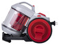 Un aspirateur gris avec des détails rouges et un bac à poussière transparent.