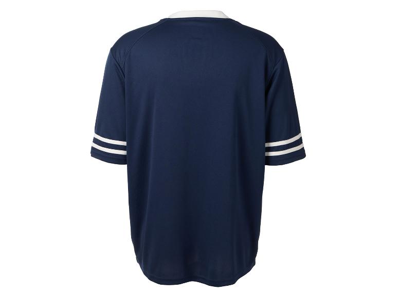 Maillot de sport bleu marine avec rayures blanches sur les manches, vue arrière.