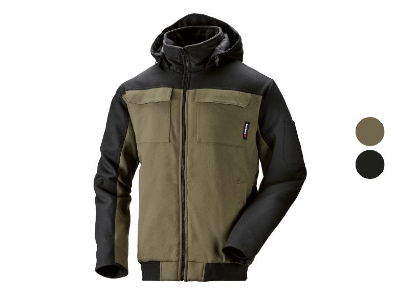 Veste de travail homme vert olive et noir avec capuche et poches avant.