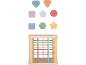 Trieur de formes en bois avec des élastiques colorés et diverses formes pastel.