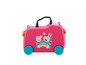 Une valise rose avec des roulettes avec Peppa Pig et sa sœur.