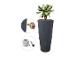 Grand pot de fleurs gris foncé avec robinet, détails de montage et plante verte.