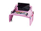 Un support pour tablette rose avec des compartiments pour stylos et crayons.