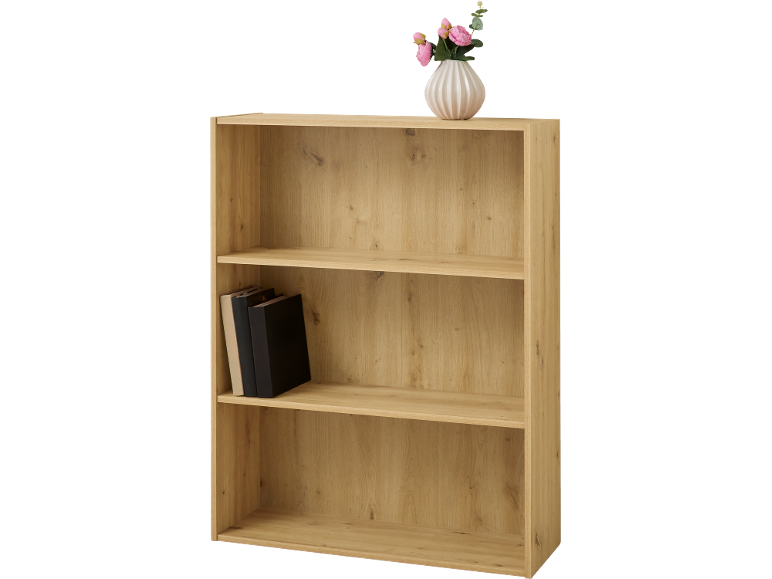 Bibliothèque en bois avec trois étagères, un vase décoratif et des livres