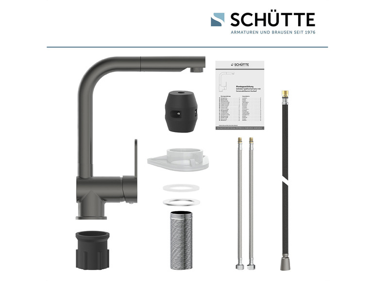 Un robinet de cuisine noir Schütte avec accessoires et instructions de montage.