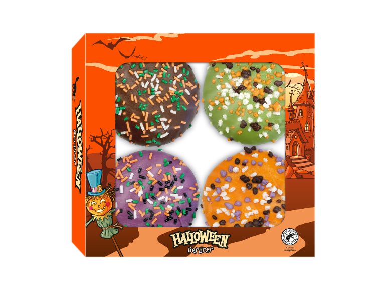 Donuts Berliner d'Halloween avec des vermicelles colorés dans une boîte thématique.