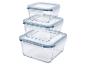 Pile de trois récipients en verre transparent pour aliments avec couvercles bleu clair