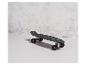 Skateboard noir avec roues rouges sur fond gris.