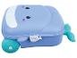 Valise enfant bleue en forme de baleine avec roues et queue.