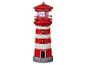 Lampe décorative en forme de phare à rayures rouges et blanches avec un sommet lumineux.