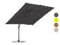 Parasol avec toile gris foncé et quatre échantillons de couleur.