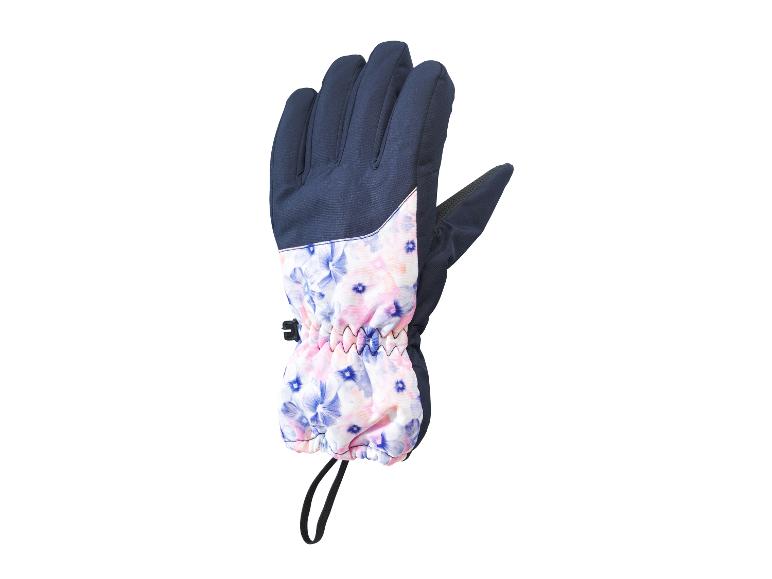 Gant de ski noir avec imprimé floral rose et bleu.