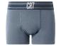 Boxer homme gris-bleu avec ceinture rayée et texte blanc.